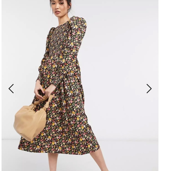 Y.A.S shirred midi dress with puff sleeves in dark floral - Picture 4 of 4